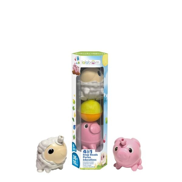 Lalaboom 4 In 1 Snap Beads 6Pcs Animals White/Orange/Pink 10-36M+